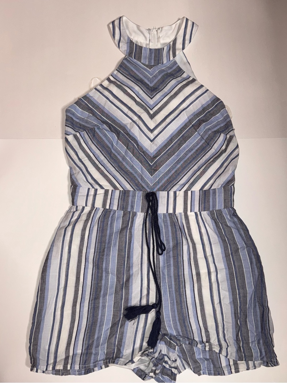 Girls Blue & White Striped Halter Romper with Waist Tie